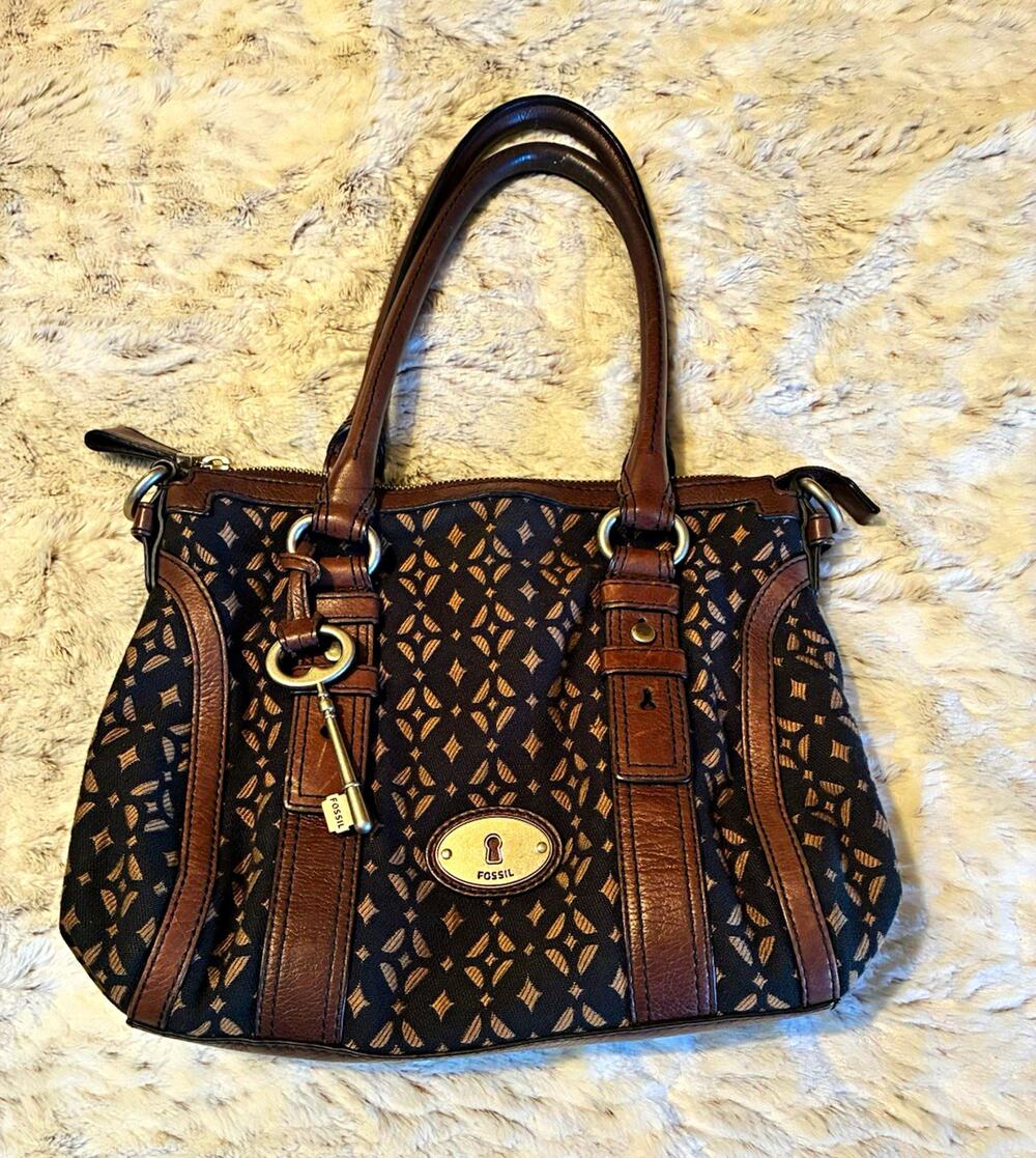 Fossil Brown Black Geometric Satchel Top Handle Zip Key Silver Hardware Lined